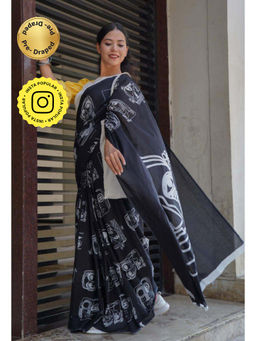 Isadora Life - Womens Hand Block Printed Black Pre-Draped Saree with Unstitched Blouse