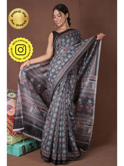 Isadora Life - Womens Floral Printed Black Pre-Draped Saree with Unstitched Blouse