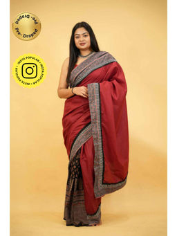 Isadora Life - Womens Printed Maroon Pre-Draped Saree with Unstitched Blouse