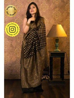 Isadora Life - Womens Woven Zari Black Pre-Draped Saree with Unstitched Blouse