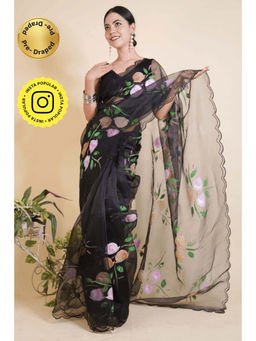 Isadora Life - Womens Floral Printed Black Pre-Draped Saree with Unstitched Blouse