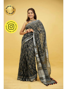 Isadora Life - Womens Printed Tassels Black Pre-Draped Saree with Unstitched Blouse