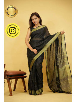 Isadora Life - Womens Woven Zari Black Pre-Draped Saree with Unstitched Blouse