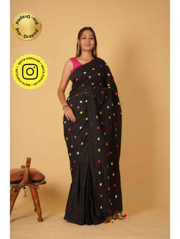 Isadora Life - Womens Embroidered Tassels Black Pre-Draped Saree with Unstitched Blouse