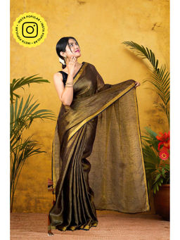 Isadora Life - Womens Solid Tassels Gold Pre-Draped Saree with Unstitched Blouse