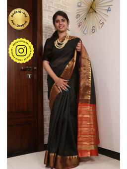 Isadora Life - Womens Woven Zari Black Pre-Draped Saree with Unstitched Blouse