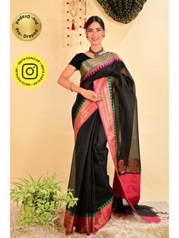 Isadora Life - Womens Woven Tassels Black Pre-Draped Saree with Unstitched Blouse