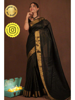 Isadora Life - Womens Stripes Sequined Black Pre-Draped Saree with Unstitched Blouse