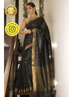 Isadora Life - Womens Woven Zari Black Pre-Draped Saree with Unstitched Blouse