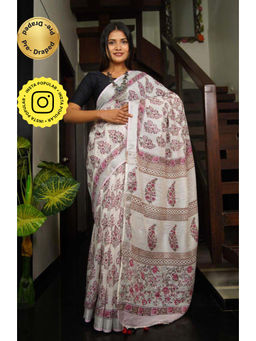 Isadora Life - Womens Floral Tassels White Pre-Draped Saree with Unstitched Blouse