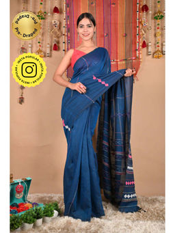 Isadora Life - Womens Embroidered Tassels Blue Pre-Draped Saree with Unstitched Blouse