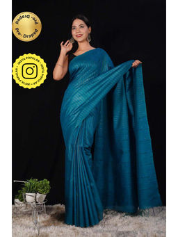 Isadora Life - Womens Stripes Tassels Blue Pre-Draped Saree with Unstitched Blouse