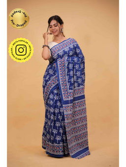 Isadora Life - Womens Hand Block Printed Blue Pre-Draped Saree with Unstitched Blouse