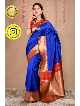Isadora Life - Womens Solid Zari Blue Pre-Draped Saree With Unstitched Blouse