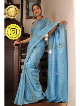 Isadora Life - Womens Stripes Tassels Blue Pre-Draped Saree With Unstitched Blouse