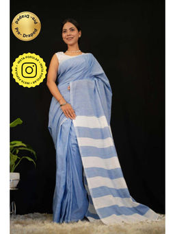 Isadora Life - Womens Stripes Tassels Blue Pre-Draped Saree With Unstitched Blouse