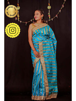 Isadora Life - Womens Stripes Embroidered Blue Pre-Draped Saree With Unstitched Blouse