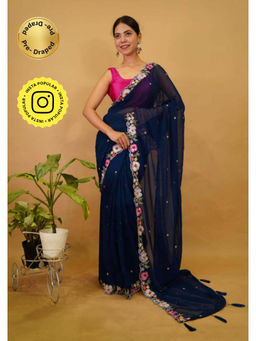 Isadora Life - Womens Embroidered Tassels Navy Blue Pre-Draped Saree With Unstitched Blouse