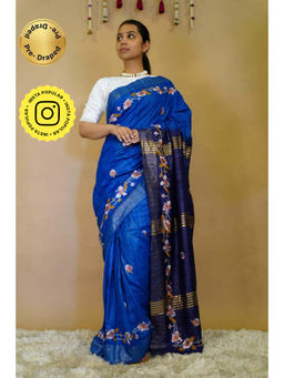 Isadora Life - Womens Floral Embroidered Blue Pre-Draped Saree With Unstitched Blouse