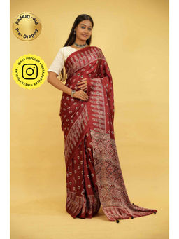 Isadora Life - Womens Floral Block Print Maroon Pre-Draped Saree With Unstitched Blouse