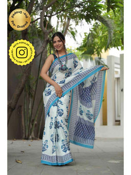 Isadora Life - Womens Floral Printed White Pre-Draped Saree With Unstitched Blouse