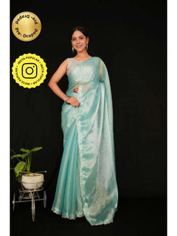Isadora Life - Womens Sequined Blue Pre-Draped Saree With Unstitched Blouse