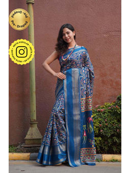 Isadora Life - Womens Kalamkari Printed Blue Pre-Draped Saree With Unstitched Blouse
