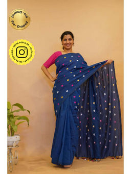 Isadora Life - Womens Embroidered Tassels Navy Blue Pre-Draped Saree With Unstitched Blouse