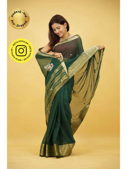 Isadora Life - Womens Embroidered Zari Green Pre-Draped Saree With Unstitched Blouse