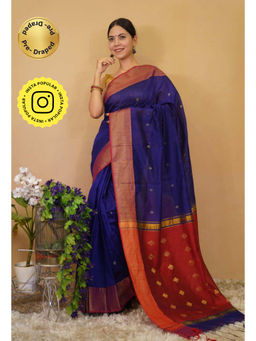 Isadora Life - Womens Woven Tassels Blue Pre-Draped Saree With Unstitched Blouse