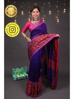 Isadora Life - Womens Woven Tassels Navy Blue Pre-Draped Saree With Unstitched Blouse