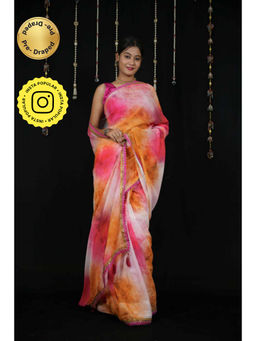 Isadora Life - Womens Abstract Printed Multi-Color Pre-Draped Saree With Unstitched Blouse