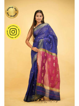 Isadora Life - Womens Printed Tassels Blue Pre-Draped Saree With Unstitched Blouse