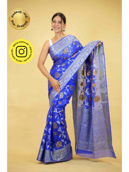 Isadora Life - Womens Woven Zari Blue Pre-Draped Saree With Unstitched Blouse