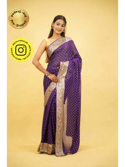 Isadora Life - Womens Woven Zari Purple Pre-Draped Saree With Unstitched Blouse