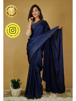 Isadora Life - Womens Sequined Navy Blue Pre-Draped Saree With Unstitched Blouse