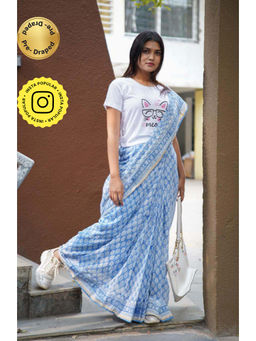 Isadora Life - Womens Block Print Blue Pre-Draped Saree With Unstitched Blouse