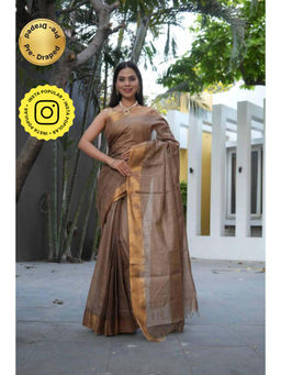 Isadora Life - Womens Solid Tassels Brown Pre-Draped Saree With Unstitched Blouse