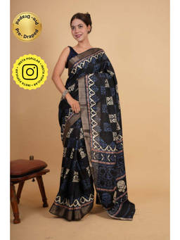 Isadora Life - Womens Printed Black Pre-Draped Saree With Unstitched Blouse