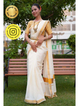 Isadora Life - Womens Solid Zari White Pre-Draped Saree With Unstitched Blouse
