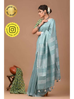 Isadora Life - Womens Stripes Tassels Blue Pre-Draped Saree With Unstitched Blouse