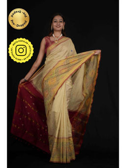 Isadora Life - Womens Woven Tassels Beige Pre-Draped Saree With Unstitched Blouse
