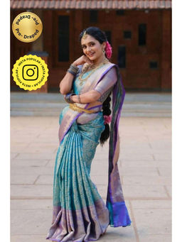 Isadora Life - Womens Woven Zari Blue Pre-Draped Saree With Unstitched Blouse