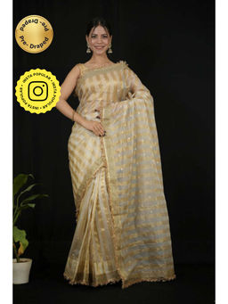 Isadora Life - Womens Stripes Embroidered Ivory Pre-Draped Saree With Unstitched Blouse