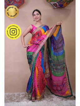 Isadora Life - Womens Bandhani Printed Multi-Color Pre-Draped Saree With Unstitched Blouse