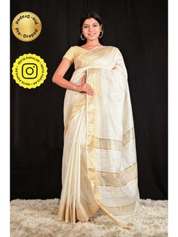 Isadora Life - Womens Stripes Zari Ivory Pre-Draped Saree With Unstitched Blouse