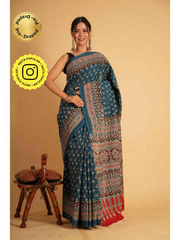 Isadora Life - Womens Block Print Teal Pre-Draped Saree With Unstitched Blouse