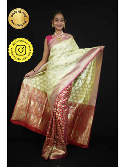 Isadora Life - Womens Woven Zari Green Pre-Draped Saree With Unstitched Blouse