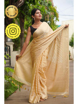 Isadora Life - Womens Stripes Tassels Beige Pre-Draped Saree With Unstitched Blouse