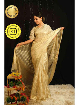 Isadora Life - Womens Stripes Tassels Gold Pre-Draped Saree With Unstitched Blouse